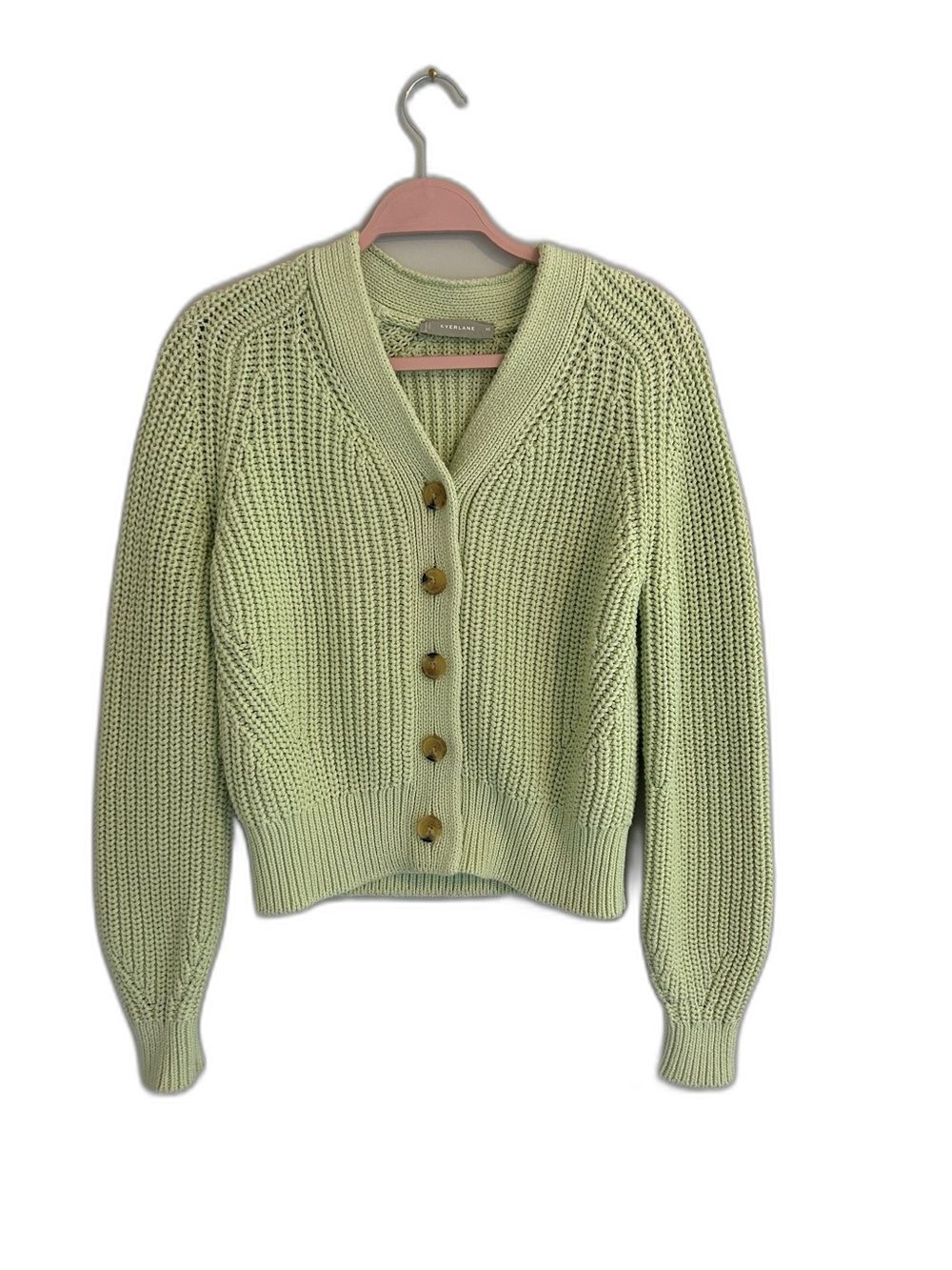 Everlane Chunky Knit Button Front Cardigan Green Cotton Blend XS Cozy